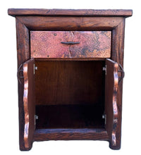 Load image into Gallery viewer, rustic hand hammered copper &amp; reclaimed wood bedside or end storage table with hand forged iron pulls