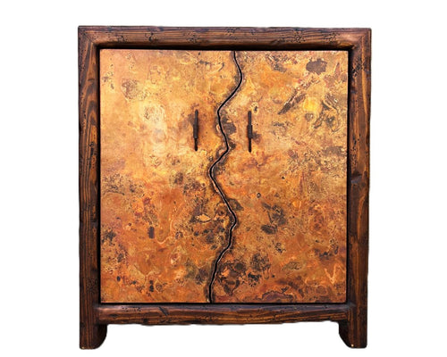 rustic copper & reclaimed wood bar or wine storage cabinet with iron forged pulls