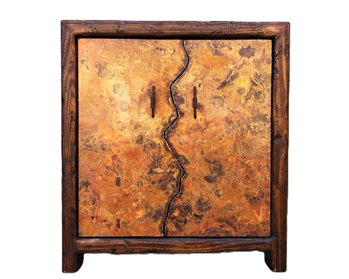 rustic copper & reclaimed wood bar or wine storage cabinet with iron forged pulls