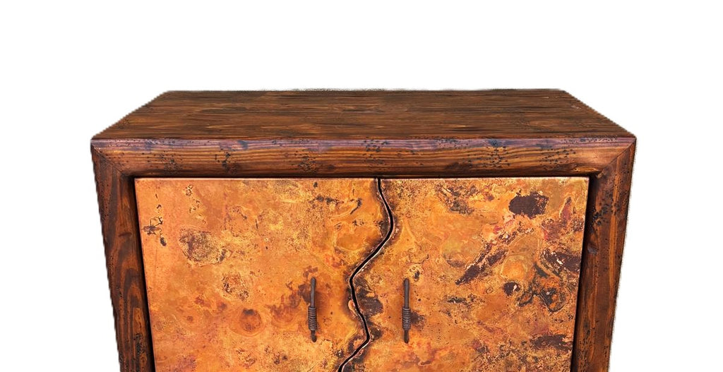 rustic copper & reclaimed wood bar or wine storage cabinet with iron forged pulls