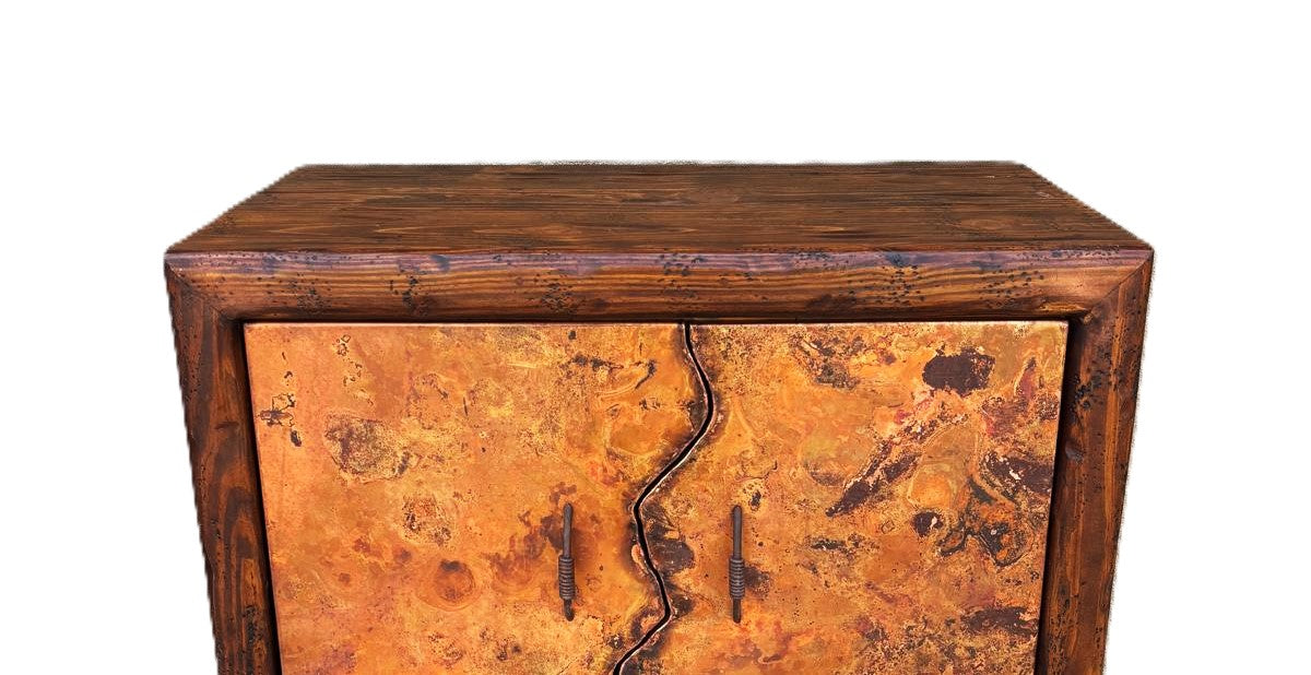 rustic copper & reclaimed wood bar or wine storage cabinet with iron forged pulls
