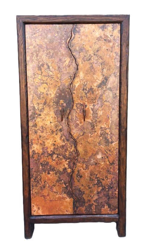 rustic copper & reclaimed wood bar or wine storage cabinet with iron forged pulls