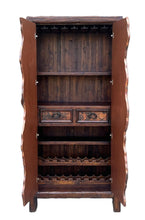 Load image into Gallery viewer, rustic copper &amp; reclaimed wood bar or wine storage cabinet doors open with iron forged pulls