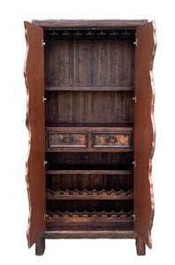 rustic copper & reclaimed wood bar or wine storage cabinet doors open with iron forged pulls