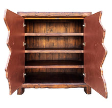 Load image into Gallery viewer, rustic copper &amp; reclaimed wood bar or wine storage cabinet with iron forged pulls