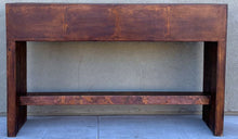 Load image into Gallery viewer, rustic hand hammered copper &amp; reclaimed wood entryway storage table with hand forged iron pulls
