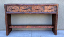 Load image into Gallery viewer, rustic hand hammered copper &amp; reclaimed wood entryway storage table with hand forged iron pulls