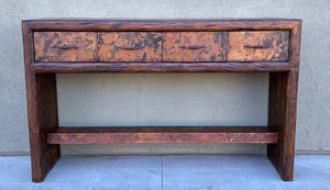 rustic hand hammered copper & reclaimed wood entryway storage table with hand forged iron pulls