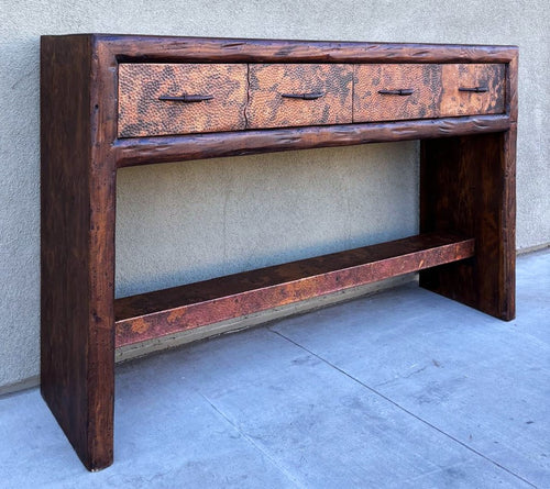 rustic hand hammered copper & reclaimed wood entryway storage table with hand forged iron pulls