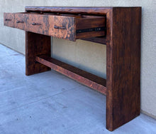 Load image into Gallery viewer, rustic hand hammered copper &amp; reclaimed wood entryway storage table with hand forged iron pulls