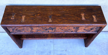 Load image into Gallery viewer, rustic hand hammered copper &amp; reclaimed wood entryway storage table with hand forged iron pulls