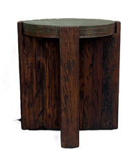 Load image into Gallery viewer, patina hand hammered copper top reclaimed wood rustic round side table