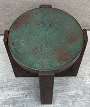 Load image into Gallery viewer, patina hand hammered copper top reclaimed wood rustic round side table