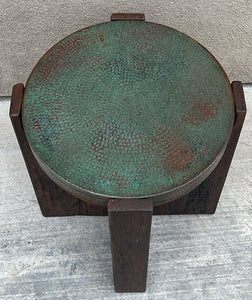 patina hand hammered copper top reclaimed wood rustic round side table