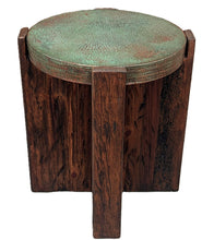 Load image into Gallery viewer, patina hand hammered copper top reclaimed wood rustic round side table