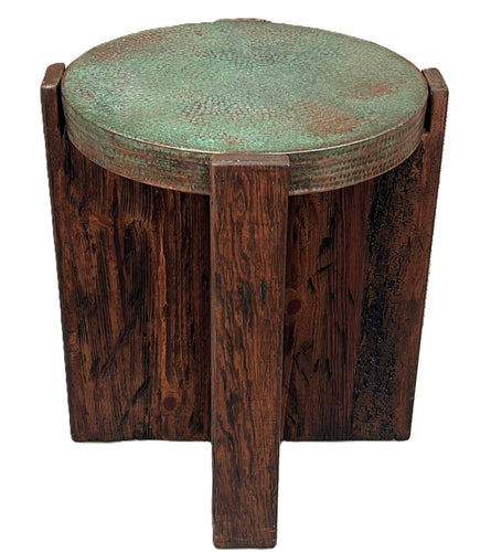 patina hand hammered copper top reclaimed wood rustic round side table