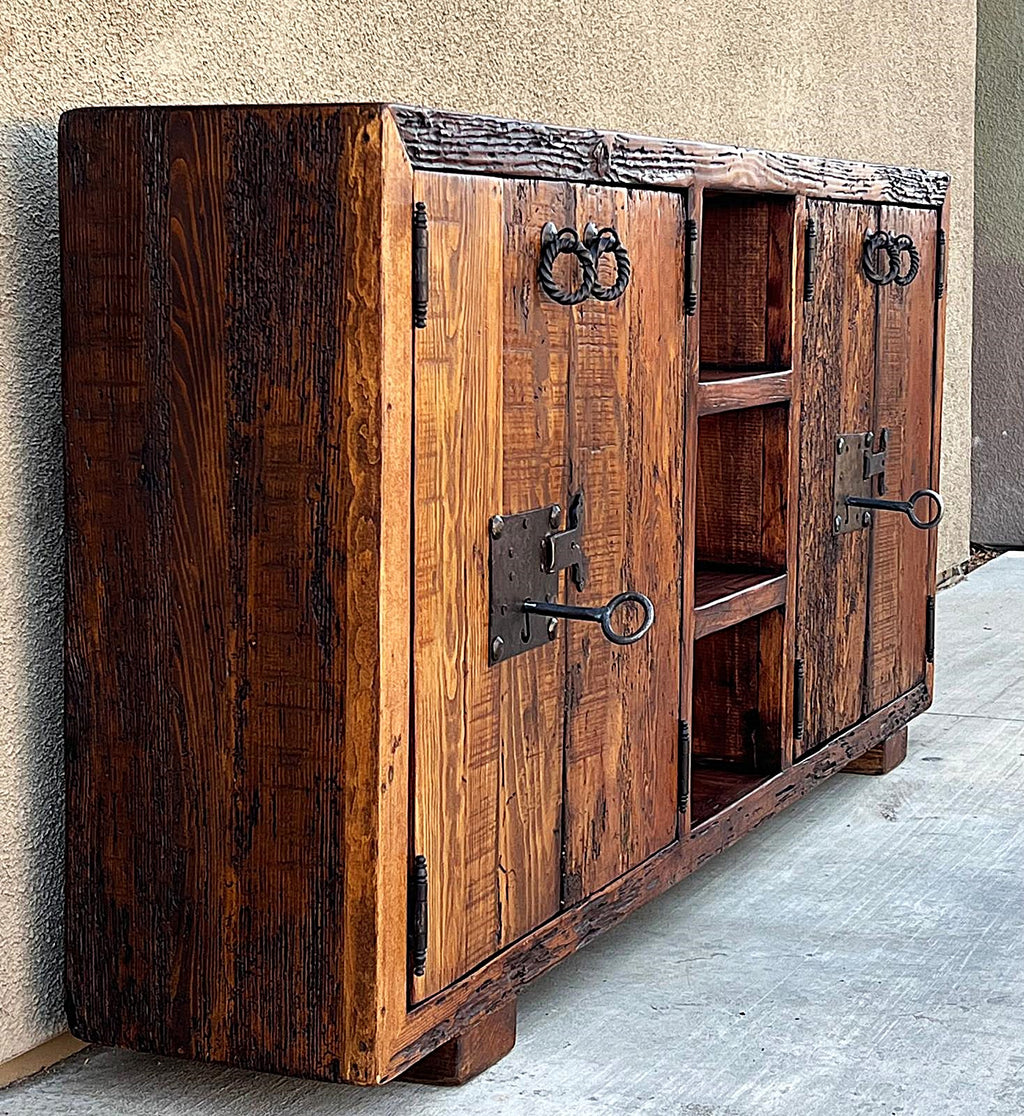 old world rustic credenza reclaimed Wooden cabinet with rustic design and key lock on a neutral background