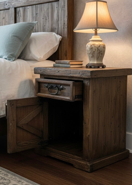 The Old World Bedside Or End Table cabinet is made using new and reclaimed pine wood.&nbsp; It has one door and one drawer.&nbsp; Each with modern hardware that are curved hammered flat iron handles.&nbsp; Handles are hand made in house.