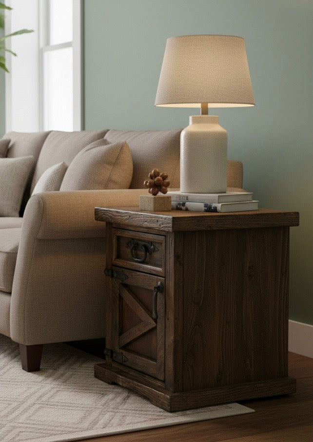 The Old World Bedside Or End Table cabinet is made using new and reclaimed pine wood.&nbsp; It has one door and one drawer.&nbsp; Each with modern hardware that are curved hammered flat iron handles.&nbsp; Handles are hand made in house.