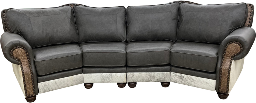 Tetherow Modern Farmhouse Western Gray Leather & Cowhide Curved Sectional Sofa