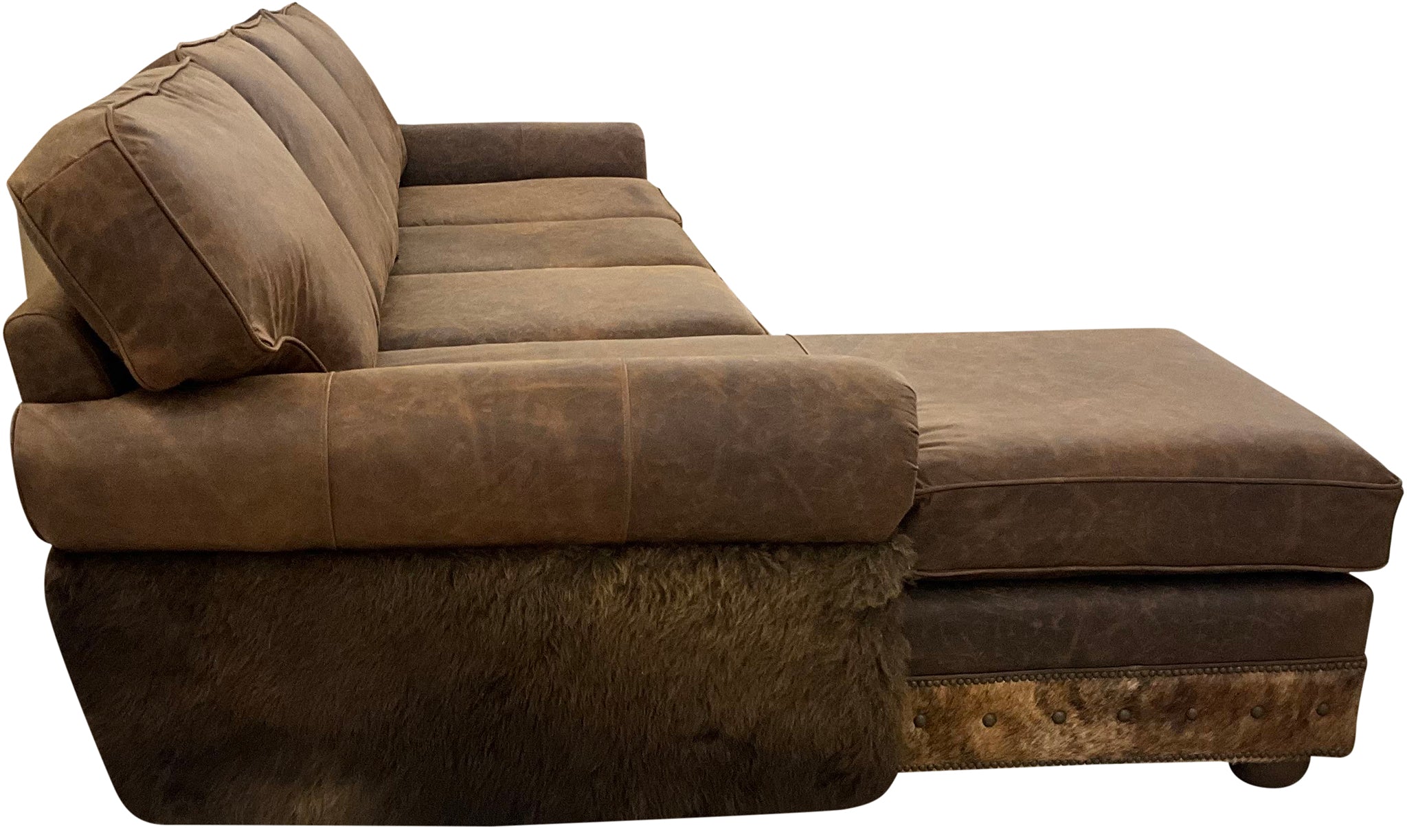 Great West Lancaster Style Rolled Arm Western Brown Leather, Cowhide & Authentic Buffalo Hide Sectional Sofa