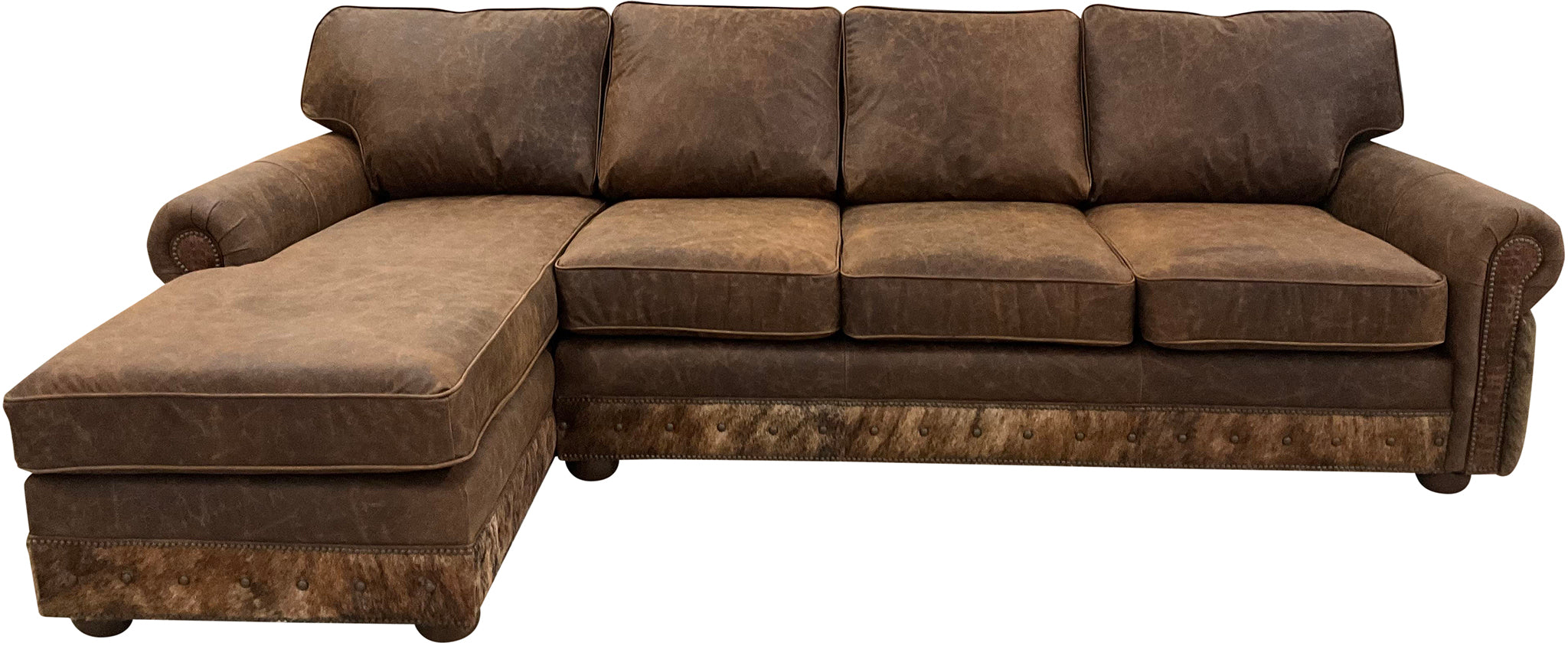 Great West Lancaster Style Rolled Arm Western Brown Leather, Cowhide & Authentic Buffalo Hide Sectional Sofa