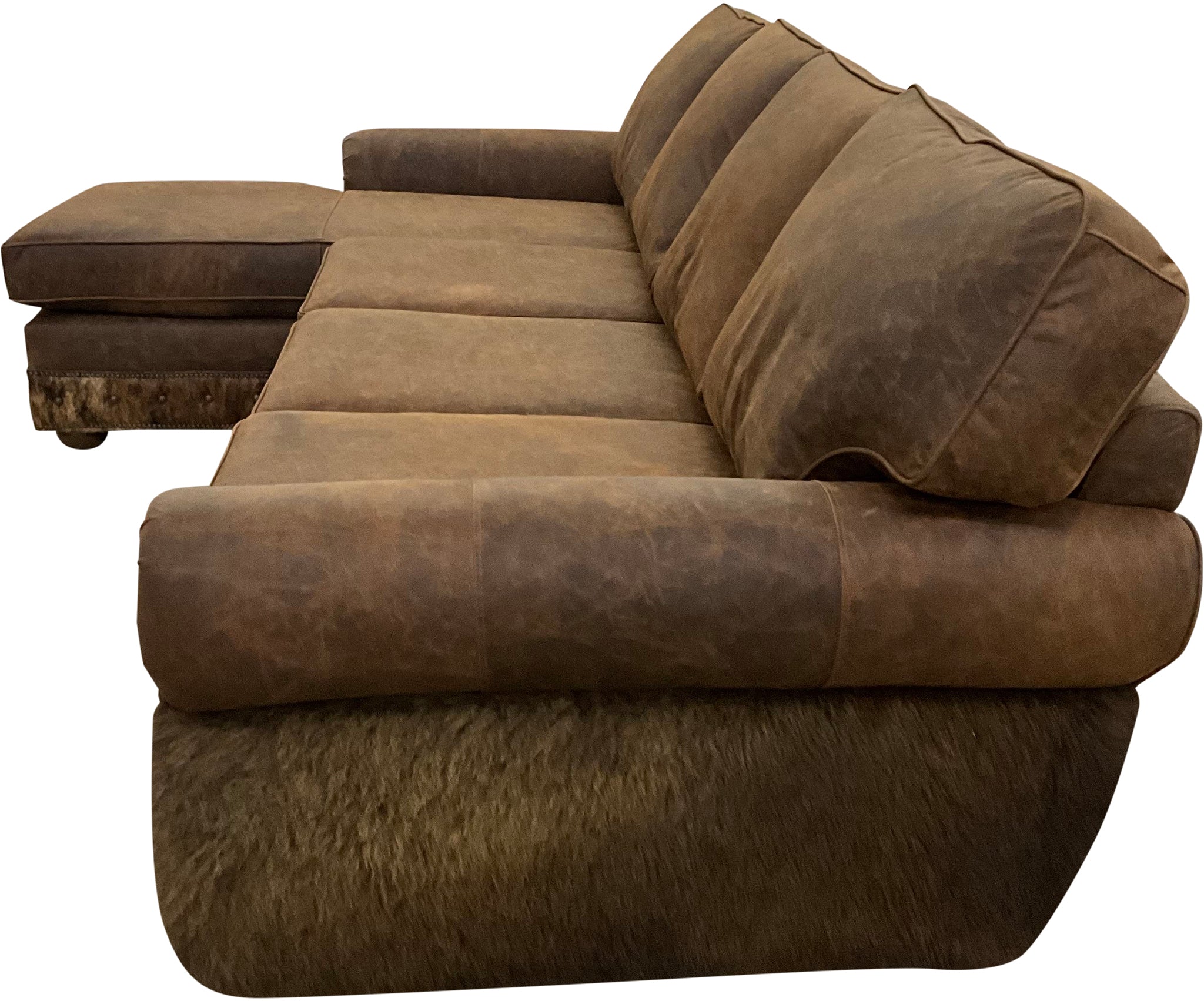 Great West Lancaster Style Rolled Arm Western Brown Leather, Cowhide & Authentic Buffalo Hide Sectional Sofa