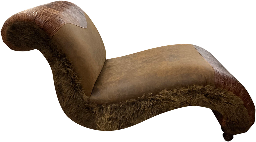 Great West Western Brown Leather, Crocodile Leather, & Authentic Buffalo Hide Single Chaise Lounge