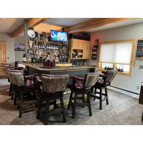 Lifestyle Image Showing Our Hand Rubbed Crimson Southwestern Leather Tufted Barstool In Our Customers Home