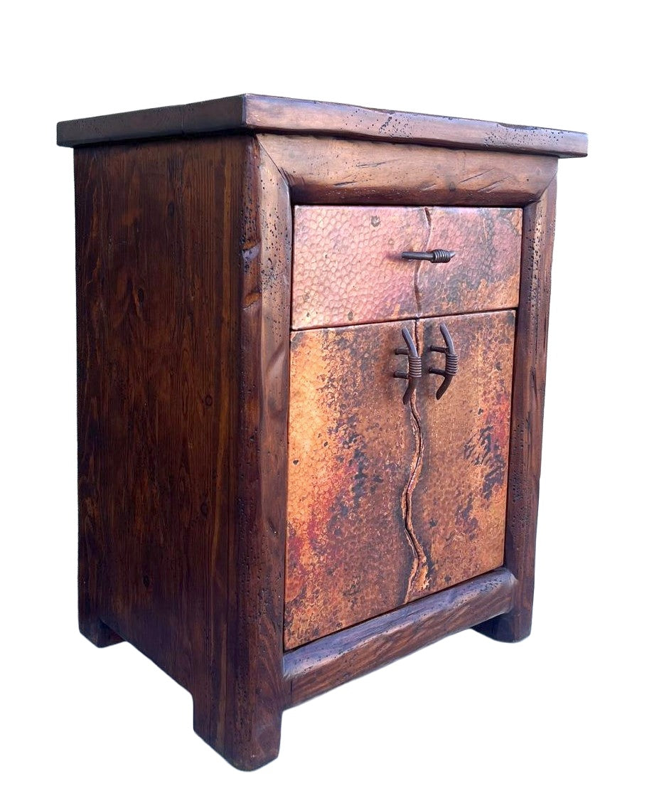 Copper Rustic Bedside or End Table with hammered copper panels, reclaimed wood and iron pulls on white background