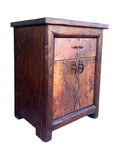 Copper Rustic Bedside or End Table with hammered copper panels, reclaimed wood and iron pulls on white background