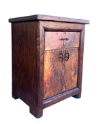 Copper Rustic Bedside or End Table with hammered copper panels, reclaimed wood and iron pulls on white background