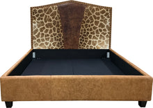 Load image into Gallery viewer, The Serengeti Bed features authentic Giraffe hide, Gator Rustic Cognac leather, and a Landman Saddle leather base. A handcrafted Western bed that blends exotic luxury with bold, natural elegance — made to be unforgettable.