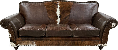 Western Leather, Crocodile Accent Leather & Cowhide Camelback Frontier Sofa