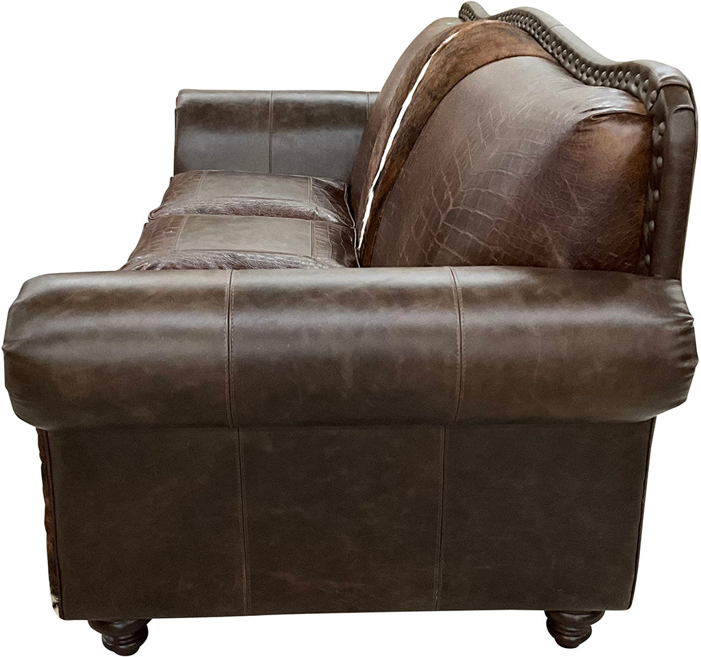 Western Leather, Crocodile Accent Leather & Cowhide Camelback Frontier Sofa
