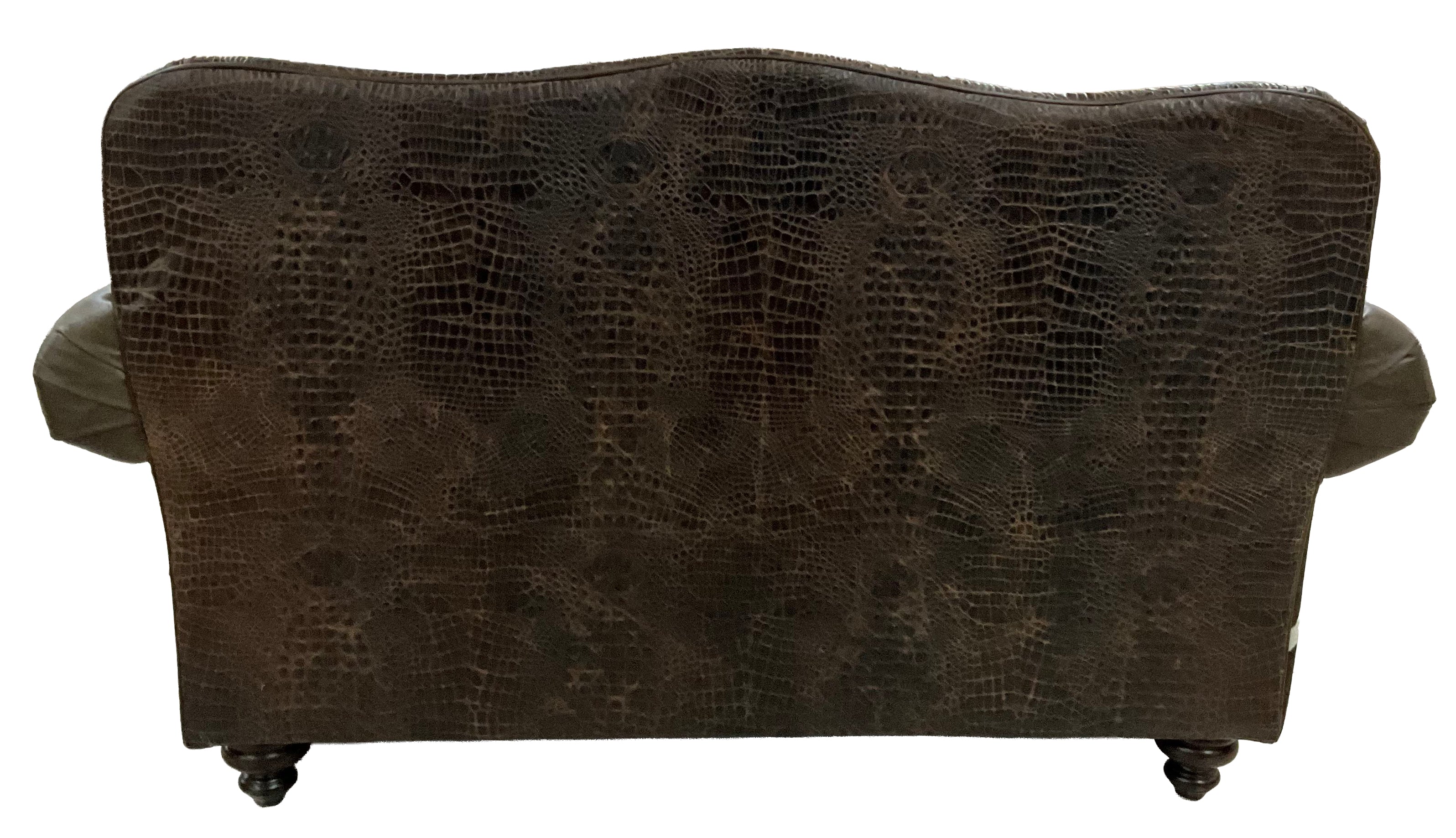 Western leather loveseat with Galveston Vintage leather, Rustic Walnut gator-embossed accents, and black & white salt-and-pepper cowhide panels. Luxury ranch loveseat.