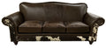 Western leather sofa with Galveston Vintage leather, Rustic Walnut gator-embossed accents, and black & white salt-and-pepper cowhide panels. Luxury ranch sofa.