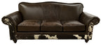Western leather sofa with Galveston Vintage leather, Rustic Walnut gator-embossed accents, and black & white salt-and-pepper cowhide panels. Luxury ranch sofa.