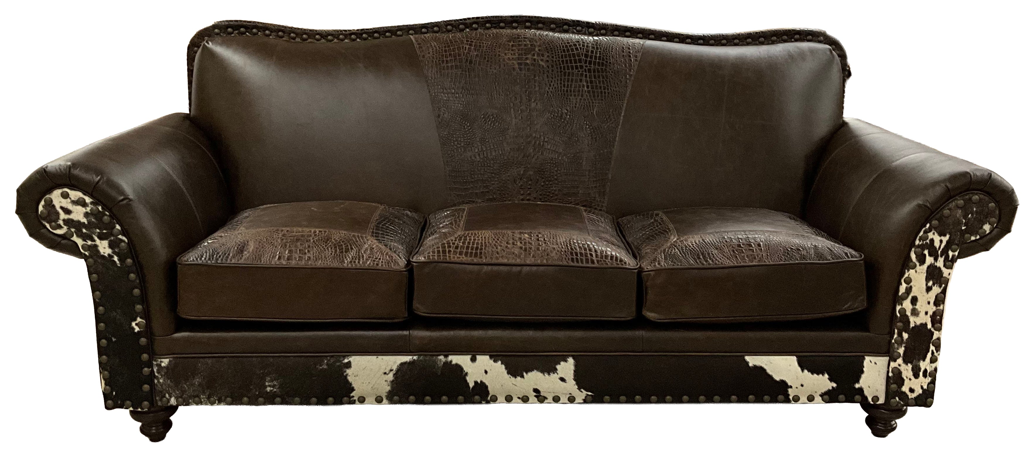 Western leather sofa with Galveston Vintage leather, Rustic Walnut gator-embossed accents, and black & white salt-and-pepper cowhide panels. Luxury ranch sofa.