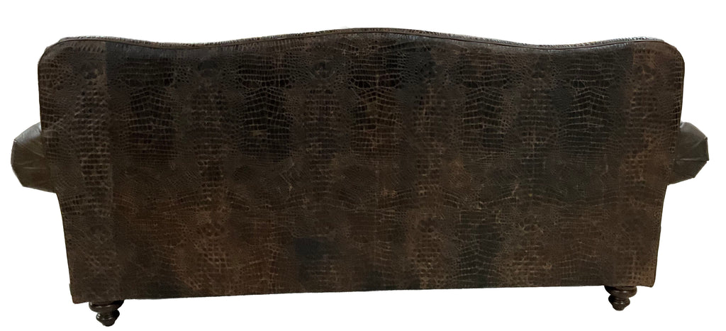 Western leather sofa with Galveston Vintage leather, Rustic Walnut gator-embossed accents, and black & white salt-and-pepper cowhide panels. Luxury ranch sofa.