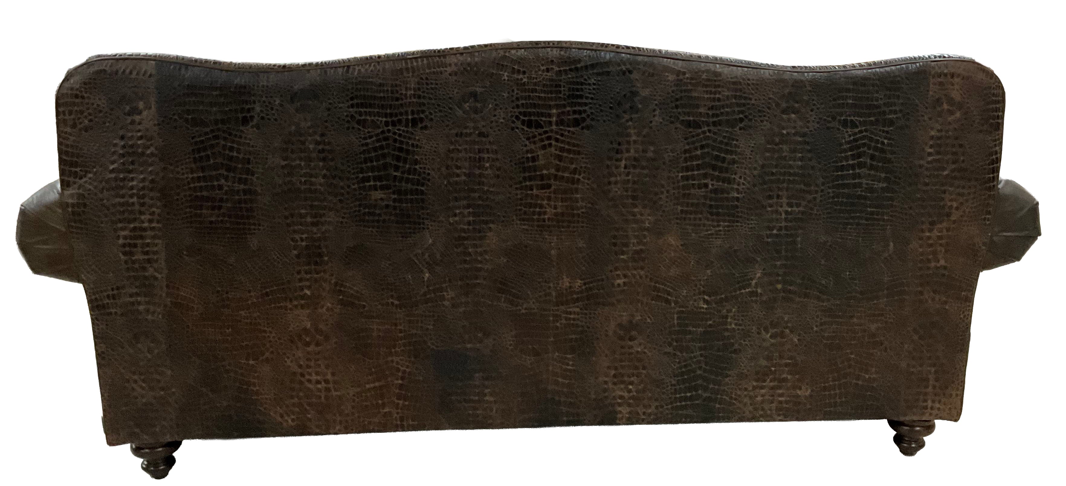 Western leather sofa with Galveston Vintage leather, Rustic Walnut gator-embossed accents, and black & white salt-and-pepper cowhide panels. Luxury ranch sofa.