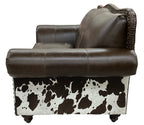 Western leather sofa with Galveston Vintage leather, Rustic Walnut gator-embossed accents, and black & white salt-and-pepper cowhide panels. Luxury ranch sofa.