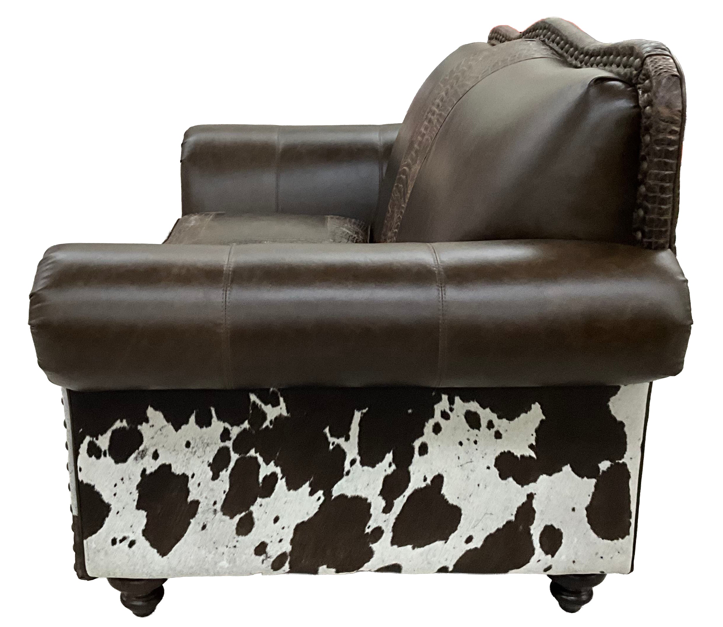 Western leather sofa with Galveston Vintage leather, Rustic Walnut gator-embossed accents, and black & white salt-and-pepper cowhide panels. Luxury ranch sofa.