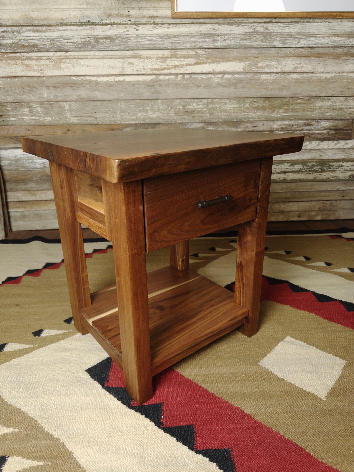 Modern Farmhouse Western Live Edge Walnut & Metal End Or Bedside Table With Drawer