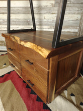 Load image into Gallery viewer, Modern Farmhouse Western Live Edge Walnut &amp; Metal Sliding Wardrobe With Drawers