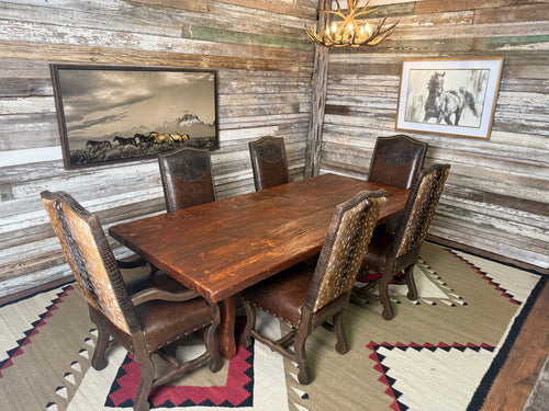Axis Western Brown Leather, Crocodile Accent Leather & Authentic Axis Hide Dining Chairs With & Without Arms Around A Prescott Rustic Farmhouse Dining Table