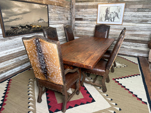 Axis Western Brown Leather, Crocodile Accent Leather & Authentic Axis Hide Dining Chairs With & Without Arms Around A Prescott Rustic Farmhouse Dining Table