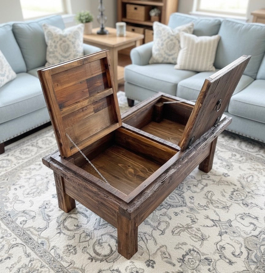 Absolutely beautiful old world wood flip top coffee table or chest.&nbsp; Top opens with 2 lids in opposition!