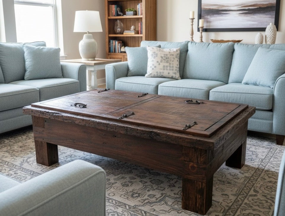 Absolutely beautiful old world wood flip top coffee table or chest.&nbsp; Top opens with 2 lids in opposition!