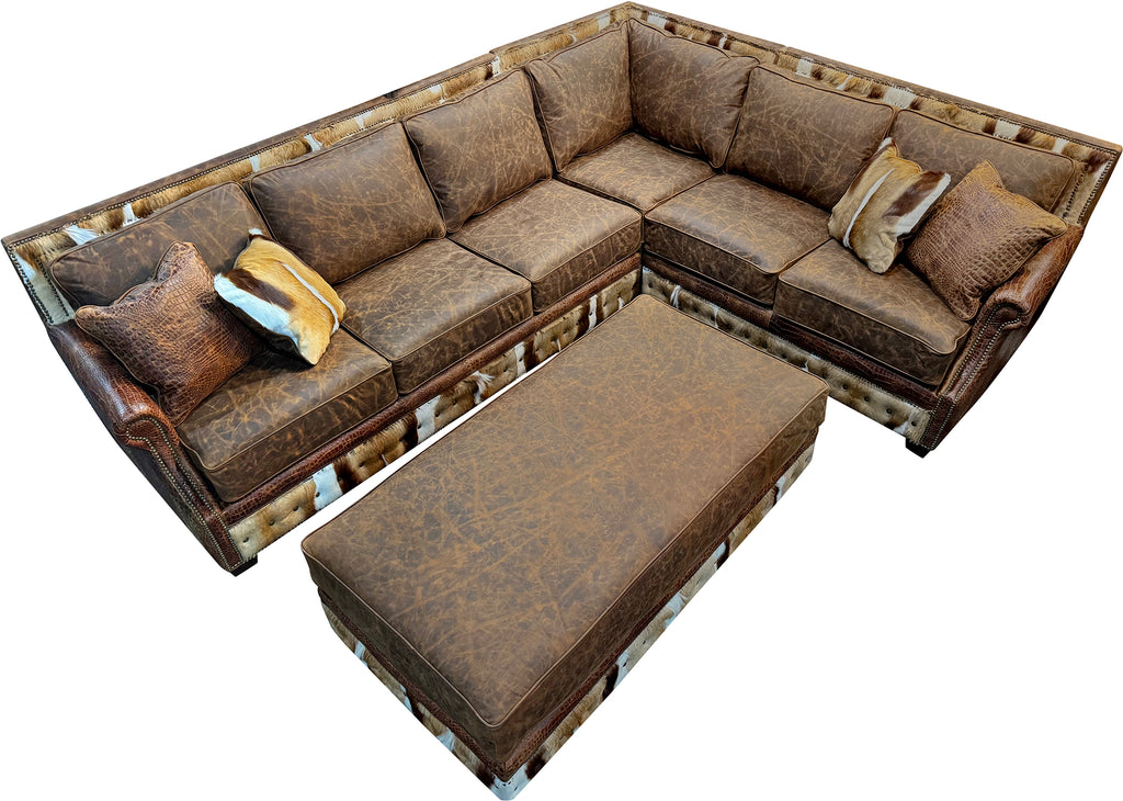Springbok exotic hide western leather ottoman in a large 30" x 60" size built as a perfect pair for our Springbok Sectional Sofa